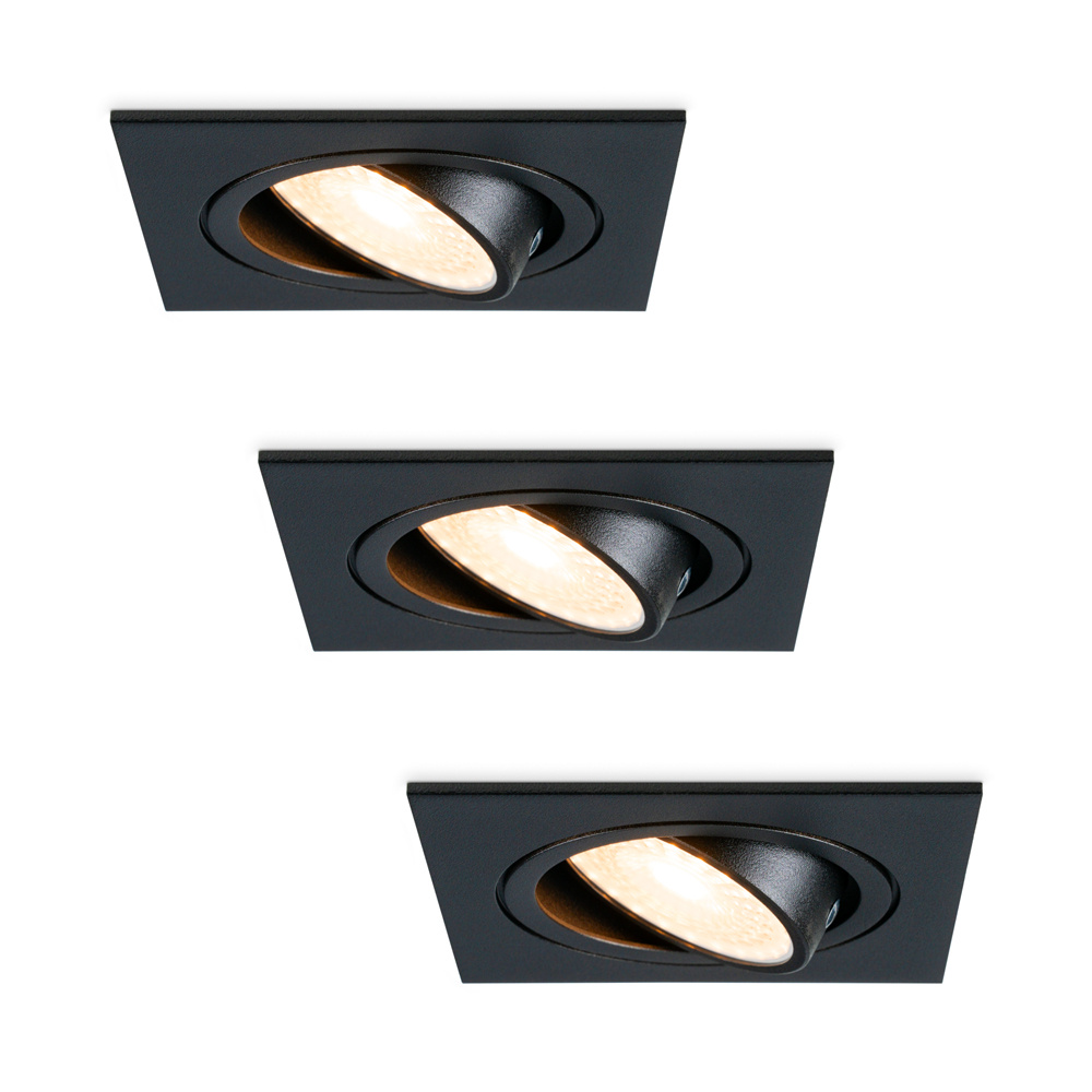 HOFTRONIC™ Set van 3 stuks dimbare LED inbouwspot Mallorca zwart vierkant Kantelbaar 5 Watt IP20 2700K Warm wit GU10 armatuur spotjes plafond