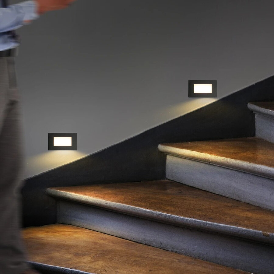 6 LED traplamp/inbouw wandlamp FEX voor binnen en buiten, hoekig, zwart, 85 x 85mm, koel wit