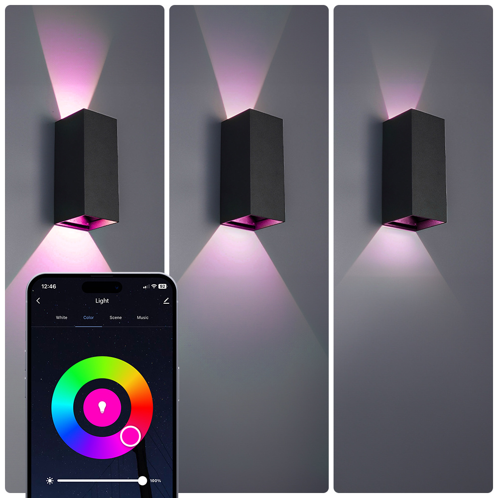 Smart WiFi+ Bluetooth LED Wandlamp Miles S - Dimbaar - 10 Watt - RGBWW - Up & Down light - IP65 - Zwart - Binnen en buiten voor binnen en buiten