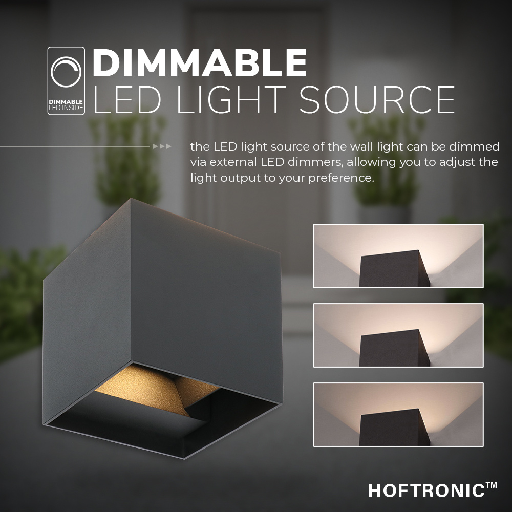 Kansas - Dimbare LED wandlamp kubus - 7 Watt - 3000K warm wit - Up & Down light - IP65 waterdicht - Zwart - Wandverlichting voor binnen en buiten voo
