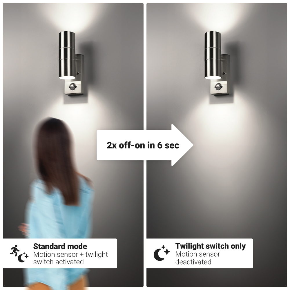 Jasmin wandlamp - RVS - 4000K Neutraal wit - Bewegingsmelder en schemerschakelaar - IP44 spatwaterdicht - Up & Downlight voor buiten voor binnen en