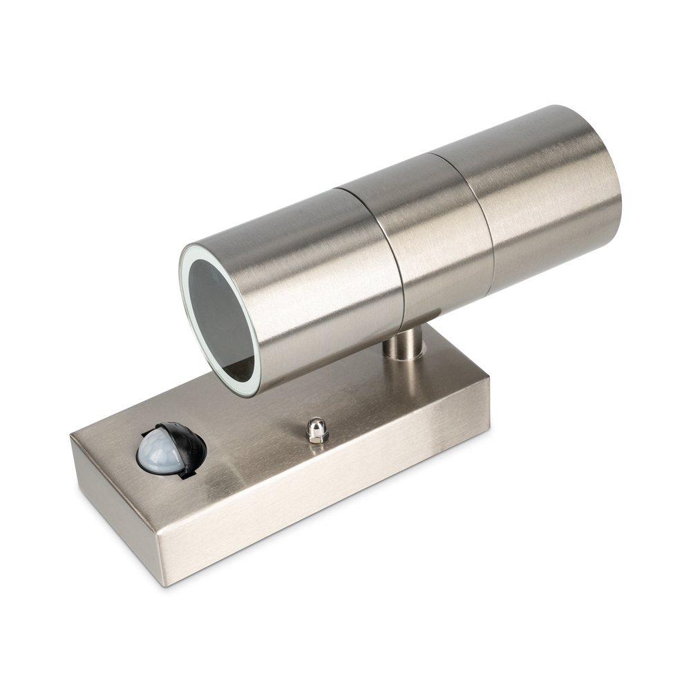 Jasmin wandlamp - RVS - Bewegingsmelder en schemerschakelaar - IP44 spatwaterdicht - Up & Downlight voor buiten - Exclusief twee GU10 spotjes voor bi