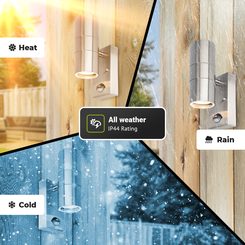 Jasmin wandlamp - RVS - Bewegingsmelder en schemerschakelaar - IP44 spatwaterdicht - Up & Downlight voor buiten - Exclusief twee GU10 spotjes voor bi