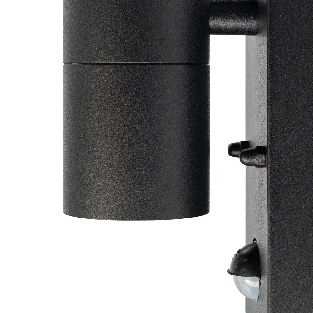Blenda wandlamp - Zwart - Bewegingsmelder en schemerschakelaar - IP44 spatwaterdicht - Up & Downlight voor buiten - Exclusief twee GU10 spotjes voor