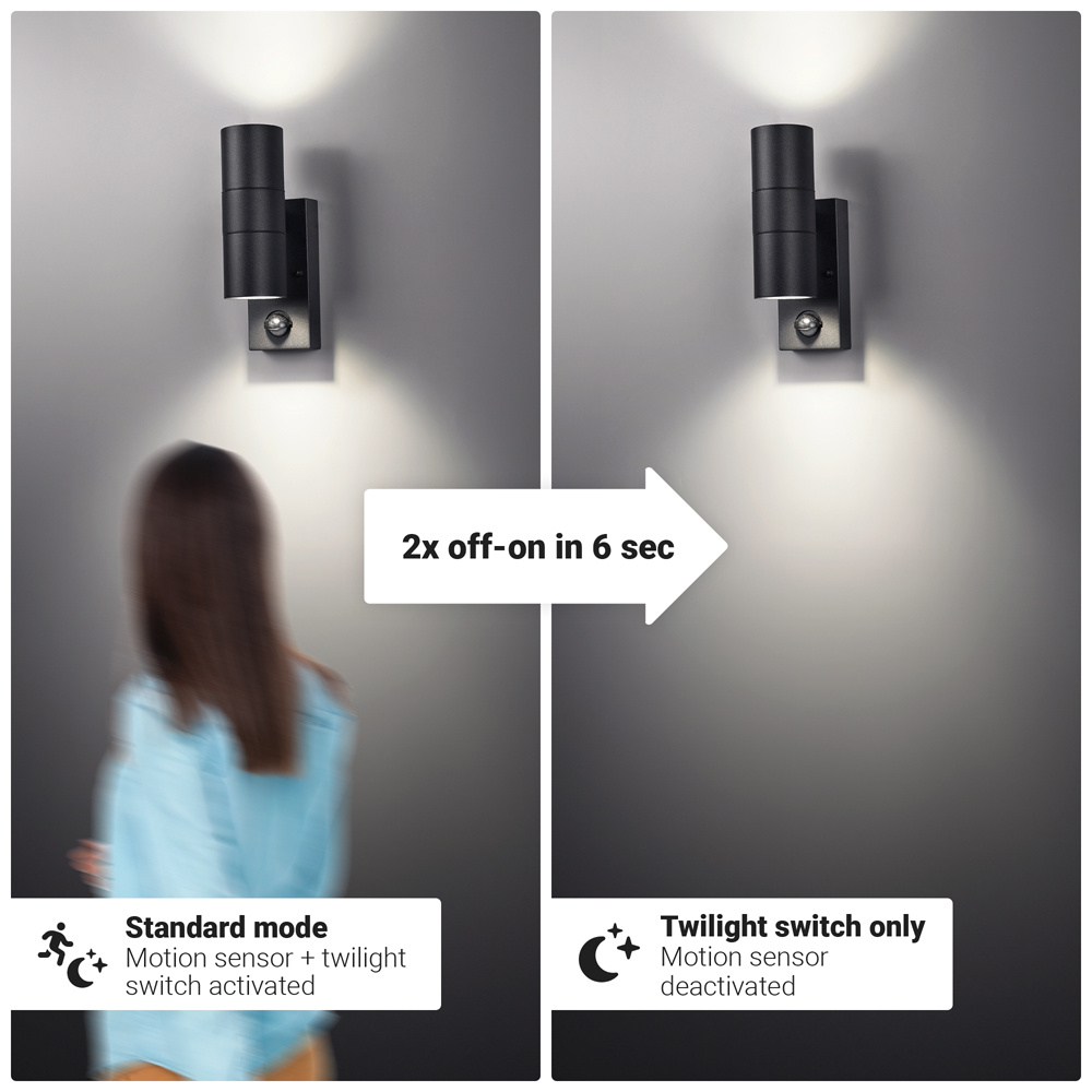 Blenda wandlamp - Zwart - Bewegingsmelder en schemerschakelaar - IP44 spatwaterdicht - Up & Downlight voor buiten - Exclusief twee GU10 spotjes voor