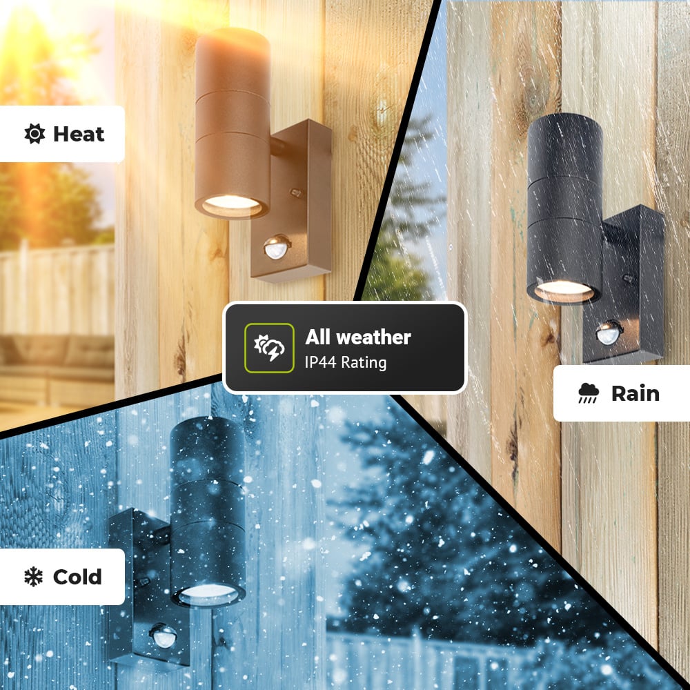 Blenda wandlamp - 2700K warm wit - Bewegingsmelder en schemerschakelaar - Zwart - IP44 spatwaterdicht - Up & Downlight voor buiten voor binnen en bui