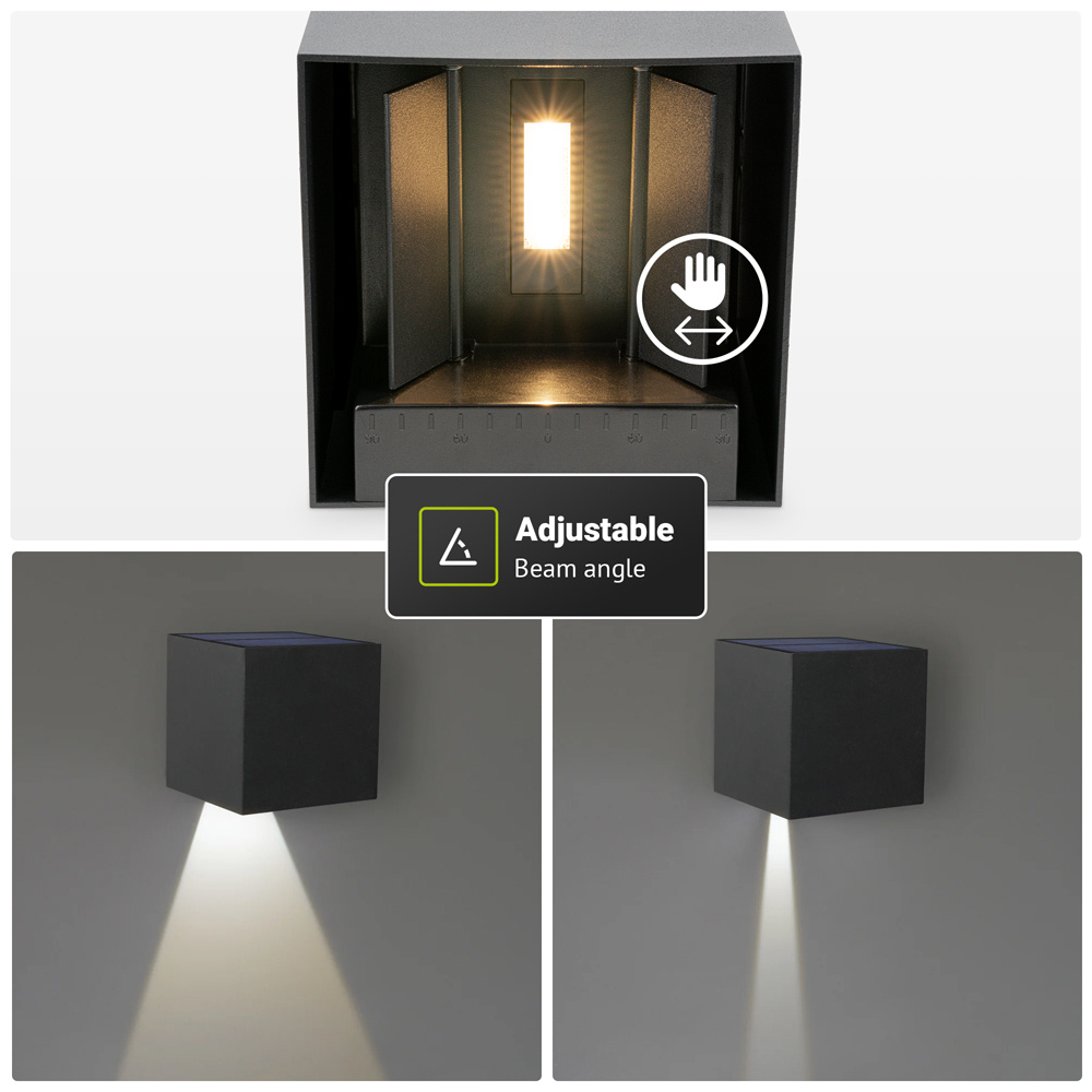 Set van 2 Kansas Solar LED wandlampen XL - Kubus downlight - Incl. Bewegingssensor en schemerschakelaar - 3000K warm wit - IP54 waterdicht - Monocryst