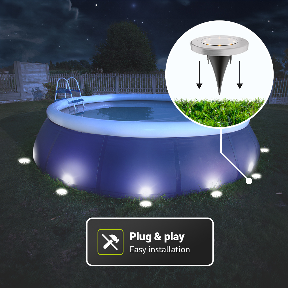 Ellis 4x Solar grondspots - 8 LEDs - 3000K warmwit licht - IP65 waterdicht - Incl. schemerschakelaar - RVS
