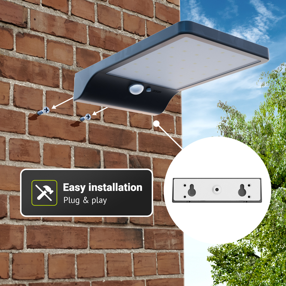 Macon - LED Solar Wandlamp - slim design - met PIR bewegingssensor - Zwart - Warm wit licht - 36 LEDs - IP44
