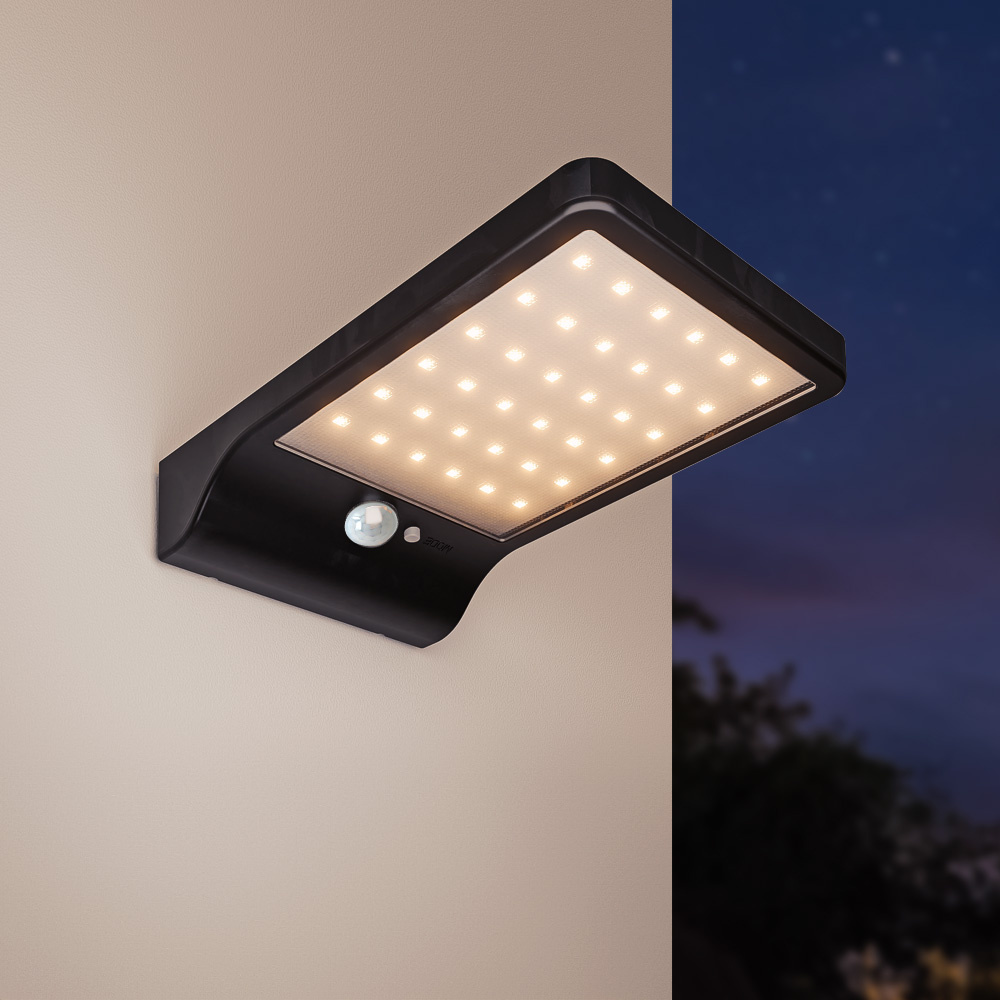 HOFTRONIC™ Macon - LED Solar Wandlamp - slim design - met PIR bewegingssensor - Zwart - Warm wit licht - 36 LEDs - IP44