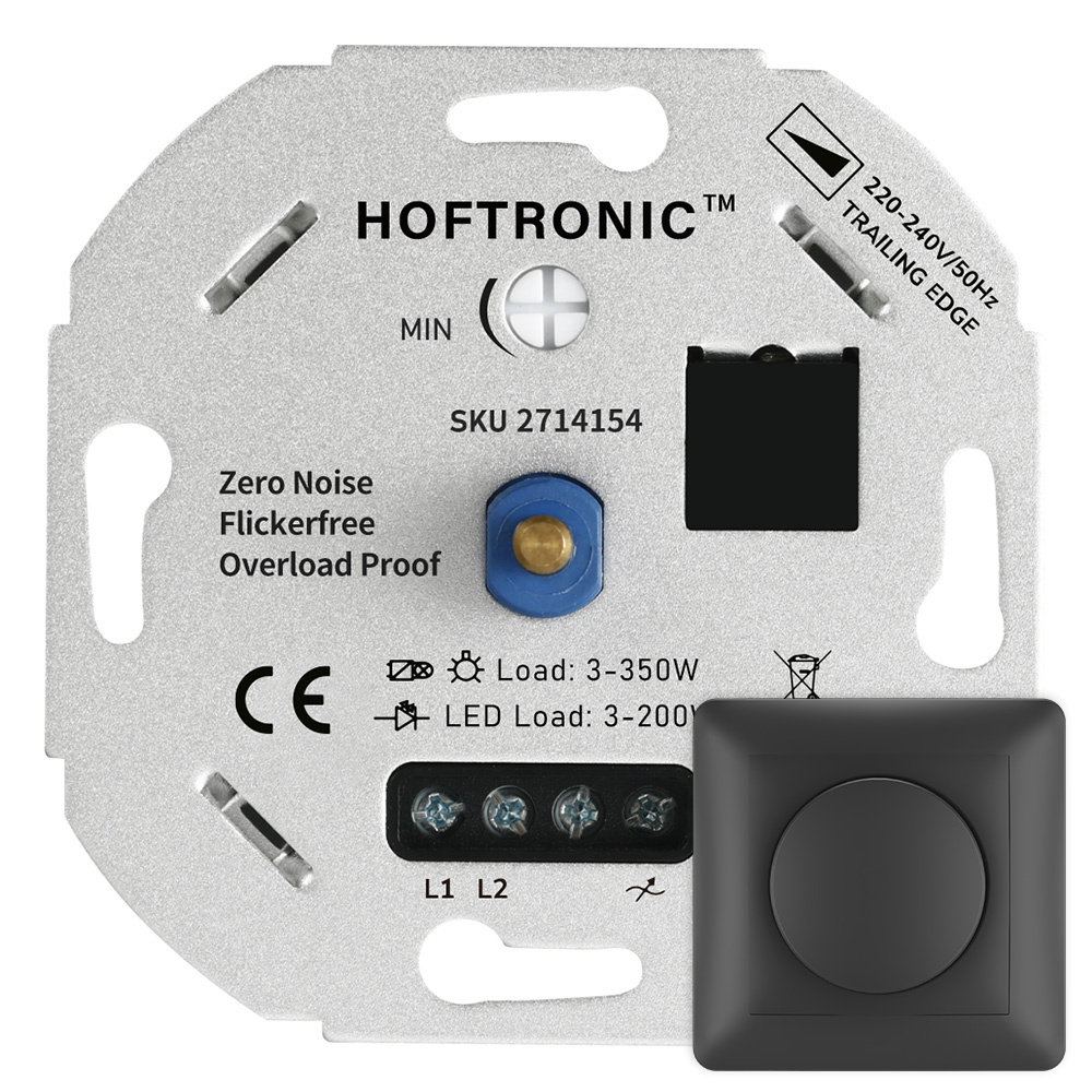 HOFTRONIC™ LED dimmer 3 200 watt Geschikt voor fase afsnijding Universeel Incl. zwart afdekraam en draaiknop