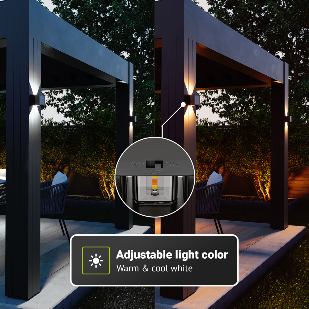 Set van 4 Louis - Solar LED Wandlamp - Kubus - Up&Downlight - CCT warm wit-koud wit - Zwart- IP65 waterdicht - 12 LEDs - tuinverlichting - buitenlam