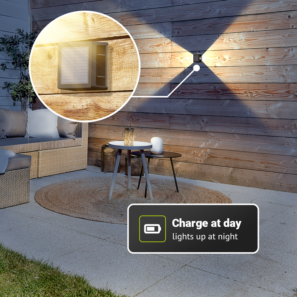 Louis - Solar LED Wandlamp - Kubus - Up&Downlight - CCT warm wit-koud wit - Zwart - IP65 waterdicht - 12 LEDs - tuinverlichting - buitenlamp