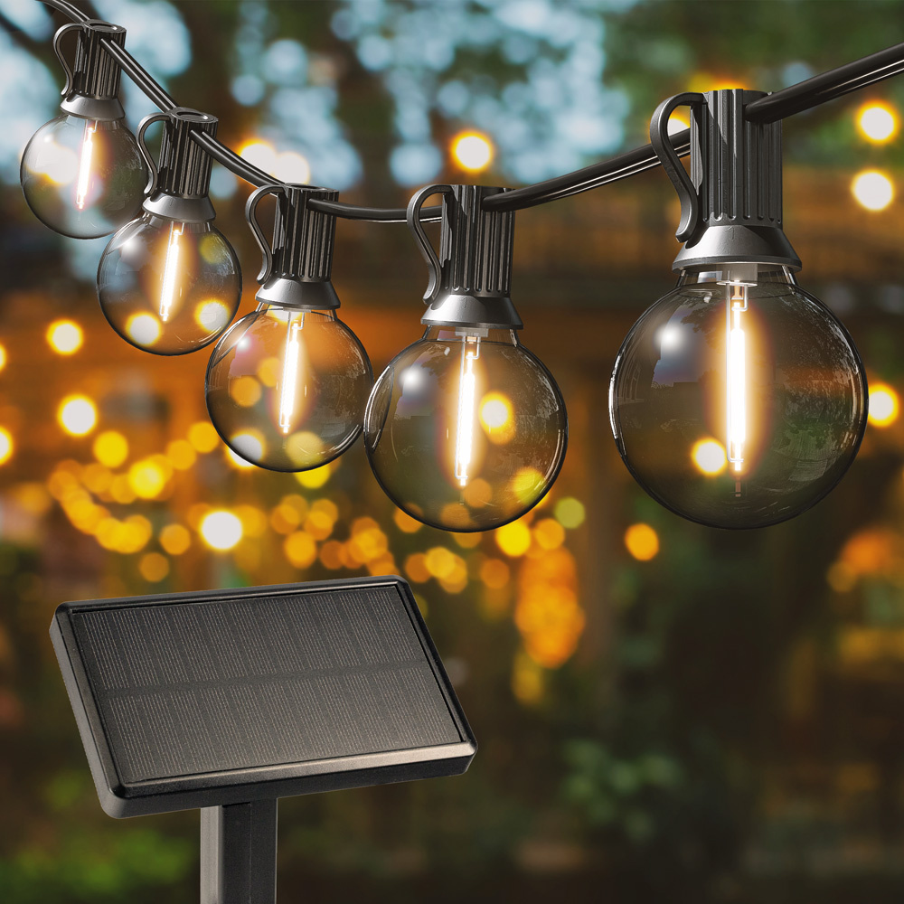 HOFTRONIC™ Solar Lichtsnoer LED - 10 lampjes - 5 meter - 2700K warm wit licht - 4 lichtstanden - Schemerschakelaar - 10 Watt 300 Lumen - IP44 waterdicht - E12