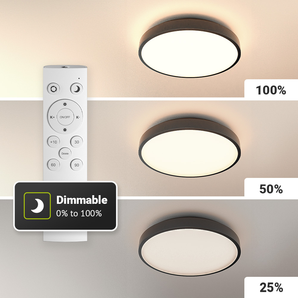 Badkamer plafondlamp zwart - IP44 waterdicht - 18W 1800 lumen (100lm/w) - CCT lichtkleur instelbaar (3000K, 4000K & 6500K) - Incl. Afstandsbediening -