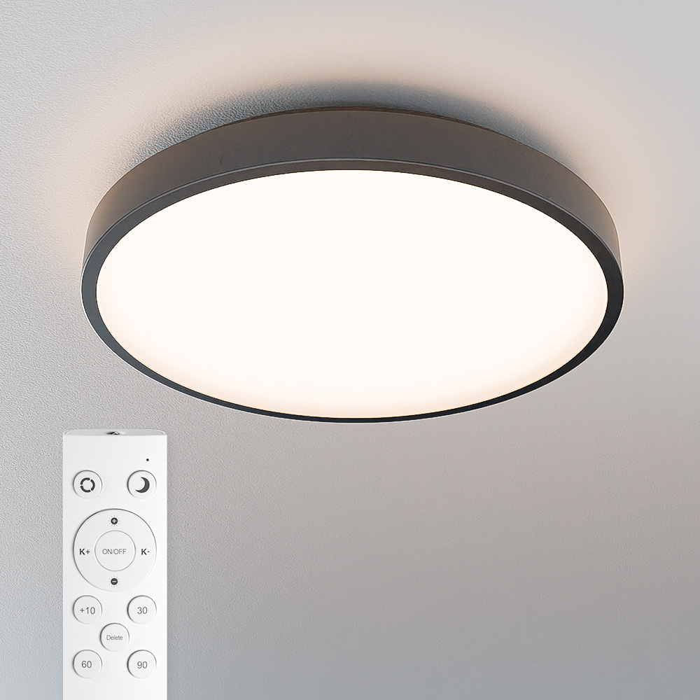 HOFTRONIC™ Badkamer plafondlamp zwart - IP44 waterdicht - 18W 1800 lumen (100lm/w) - CCT lichtkleur instelbaar (3000K, 4000K & 6500K) - Incl. Afstandsbediening - Ø30 cm - LED Plafo