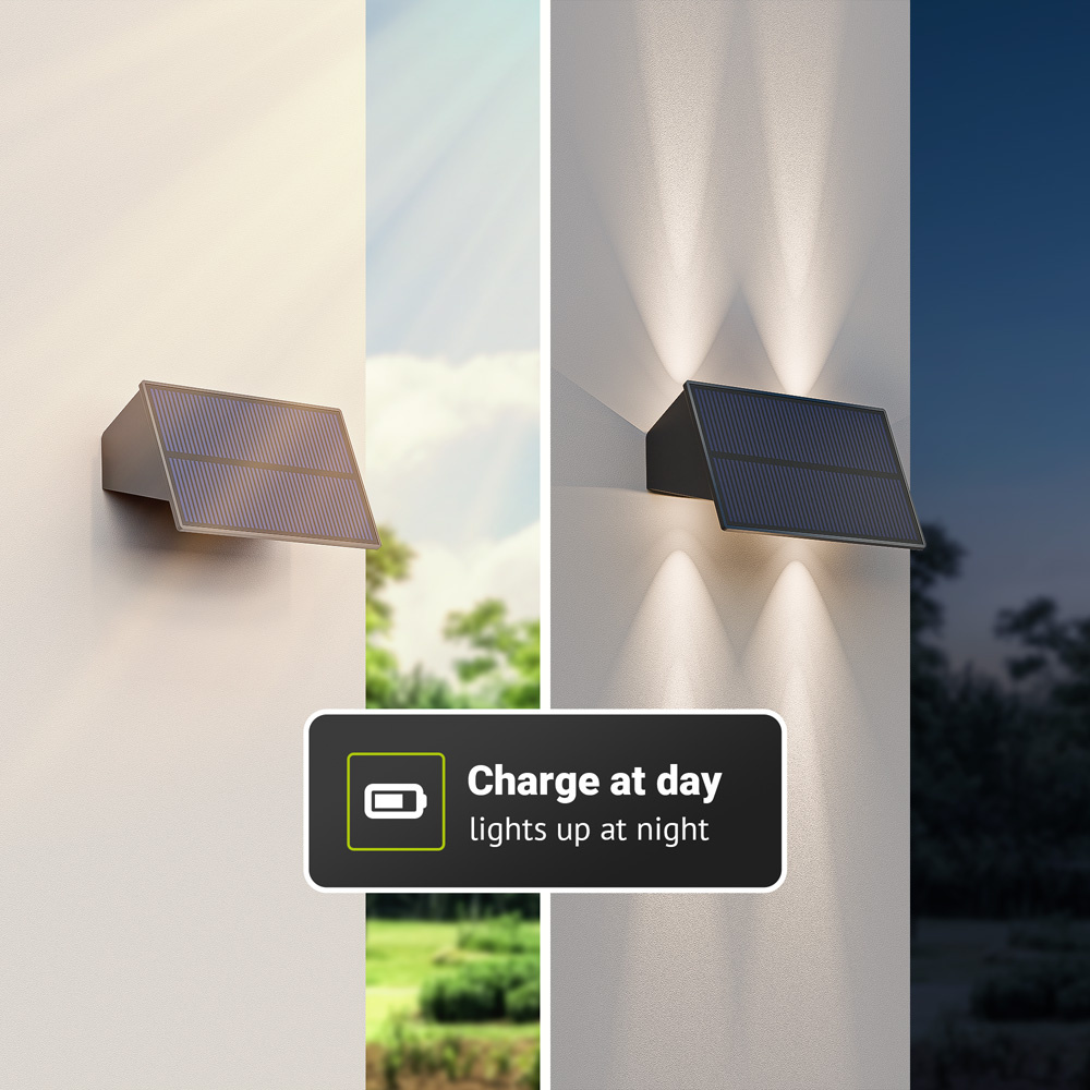 2x Roby - Solar LED Wandlamp - Up & Downlight - 2 Lichtstanden - 4-Lichts - 3000K warmwit licht - Zwart - IP54-waterdicht
