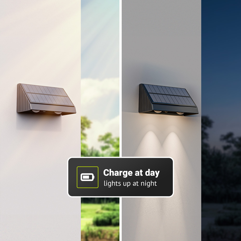 4x Mikey - Solar LED Wandlamp - Downlight - 2-Lichts - 3000K warmwit licht - Zwart - IP54-waterdicht