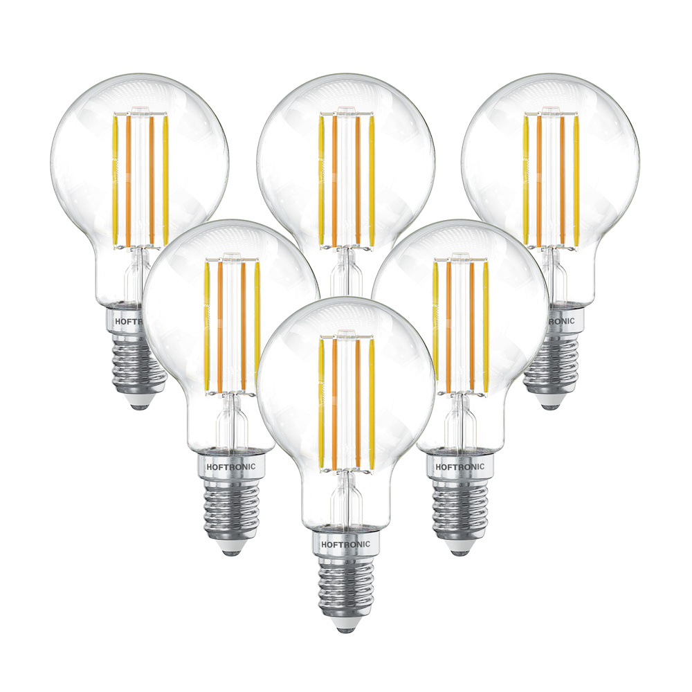 HOFTRONIC SMART Set van 6 Smart WiFi LED Filament lamp E14 Fitting 4,9 Watt 470 Lumen P45 E14 fitting Zilveren fitting 1800 3000K Dimbaar Smart Gloeilampen