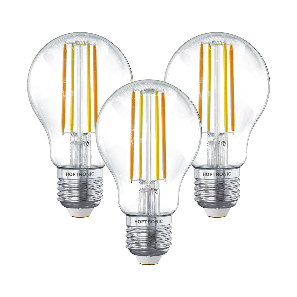 HOFTRONIC SMART Set van 3 Smart E27 LED Filament Lampen 7 Watt 806 Lumen A60 Clear 1800 3000K Dimbaar