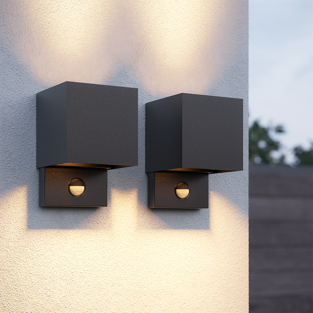 HOFTRONIC™ Set van 2 Kansas LED wandlamp PIR Sensor IP65 3000K warm wit 7 watt Up down light Kubus Voor buiten en binnen Zwart