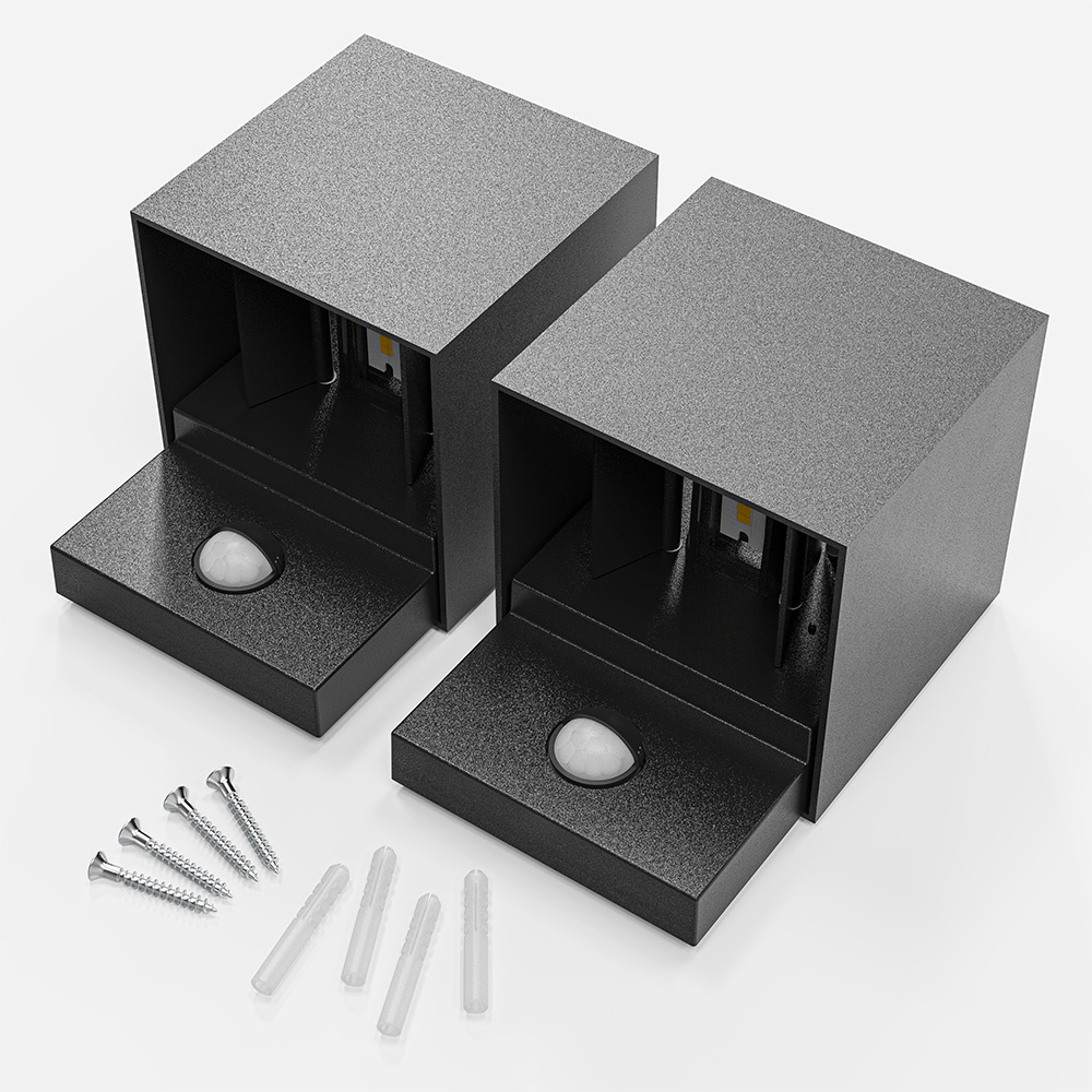 Set van 2 Kansas LED wandlamp PIR Sensor - IP65 - 3000K warm wit - 7 watt - Up & down light - Kubus - Voor buiten en binnen - Zwart voor binnen en bu