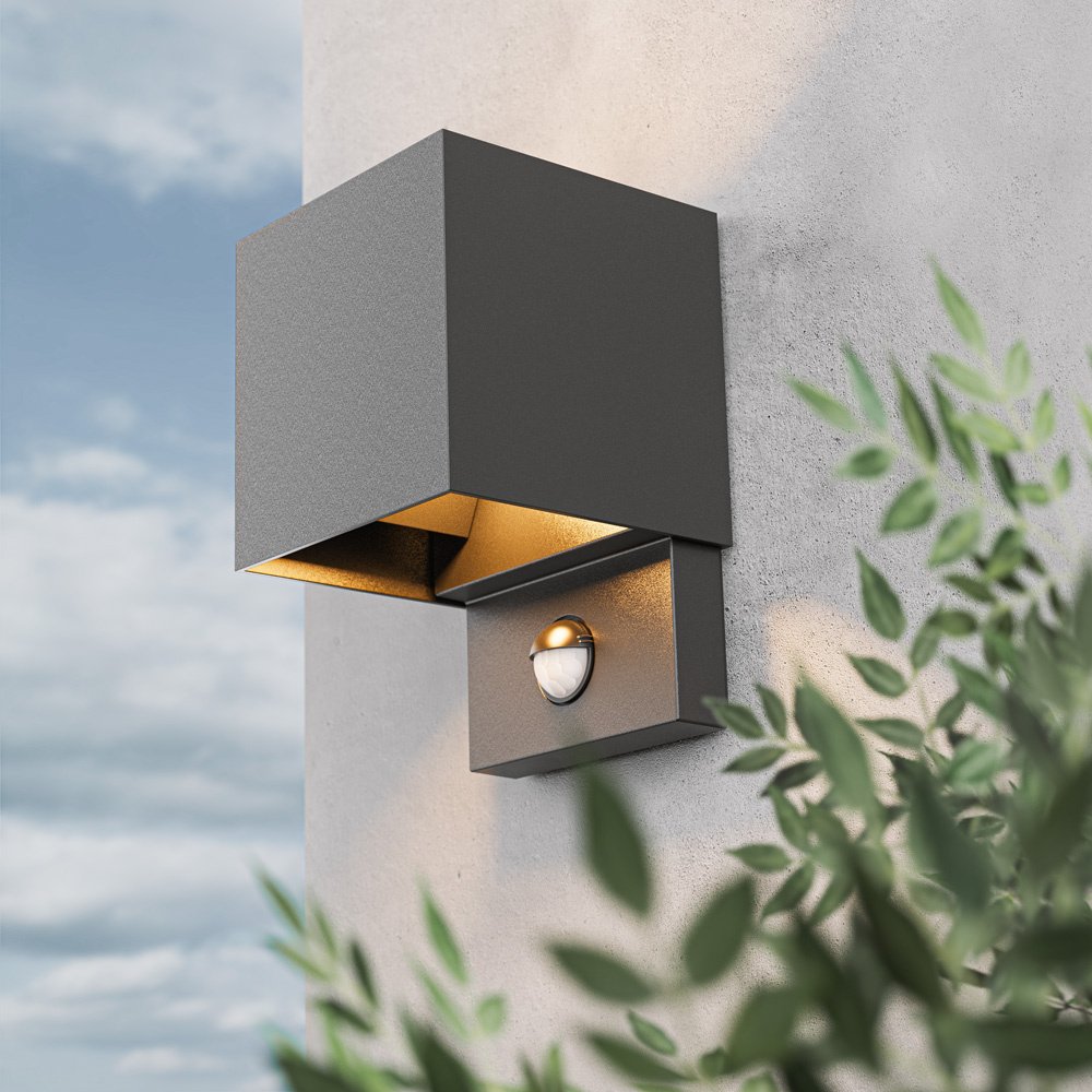 Set van 2 Kansas LED wandlamp PIR Sensor - IP65 - 3000K warm wit - 7 watt - Up & down light - Kubus - Voor buiten en binnen - Zwart voor binnen en bu
