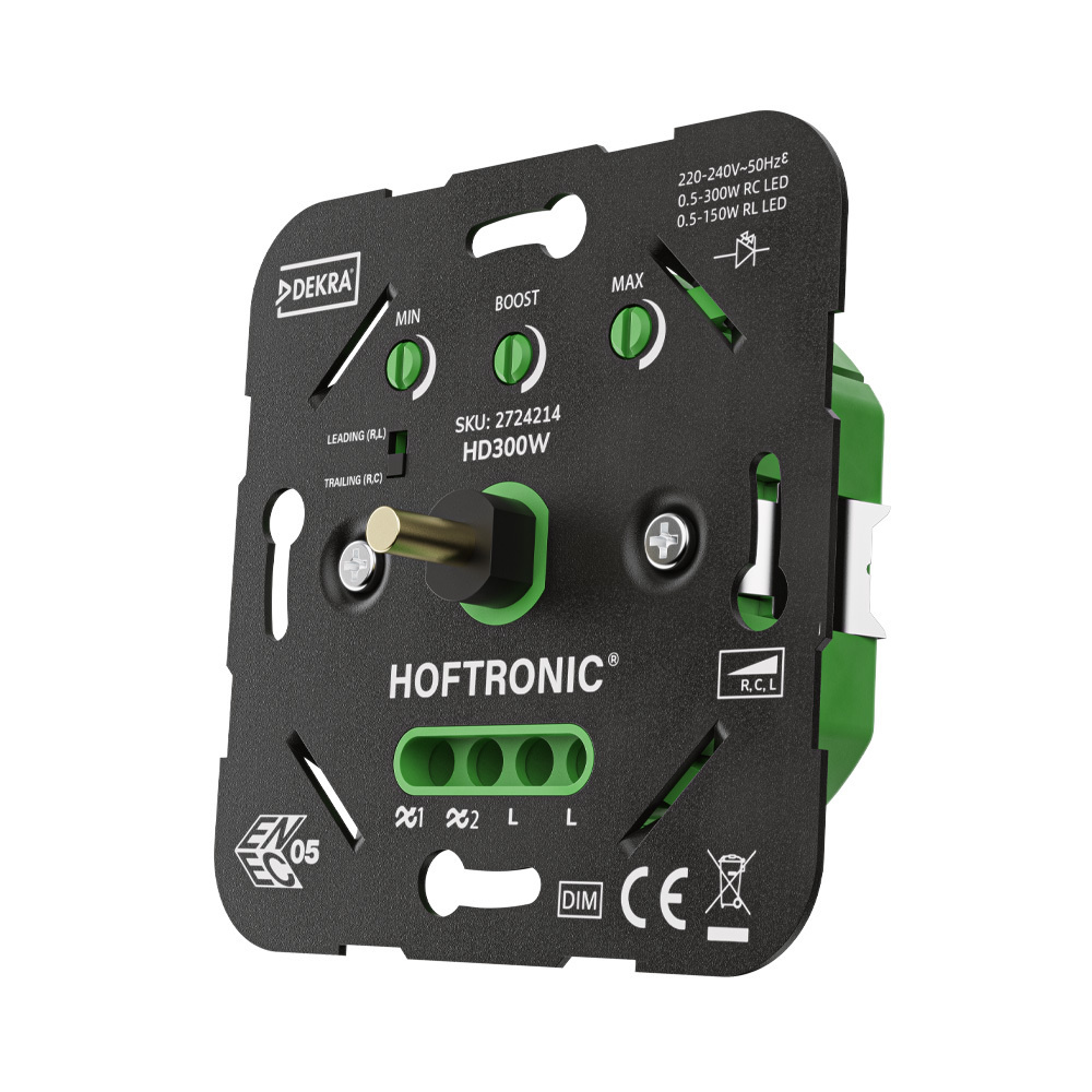 HOFTRONIC™ LED dimmer HD300W 0.5 300 watt Geschikt voor fase afsnijding (trailing edge) fase aansnijding (leading edge) 2 draadsdimmer Inbouw dimmer Universeel