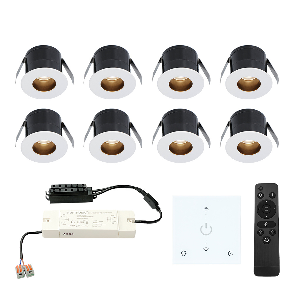 HOFTRONIC™ 8x Olivia Mini 12V LED inbouwspot wit met trafo en muurdimmer Verzonken 3 Watt Dimbaar IP44 waterdicht voor buiten 2700K Warm wit Lage inbouwdiepte 36mm Voor veranda, badkamer, carport en binnenruimtes