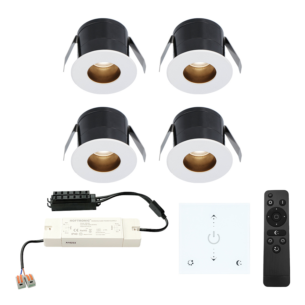 HOFTRONIC™ 4x Olivia Mini 12V LED inbouwspot wit met trafo en muurdimmer Verzonken 3 Watt Dimbaar IP44 waterdicht voor buiten 2700K Warm wit Lage inbouwdiepte 36mm Voor veranda, badkamer, carport en binnenruimtes