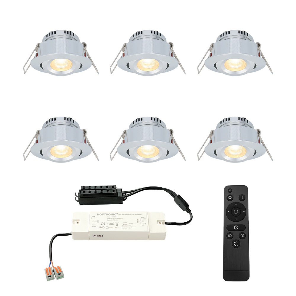 HOFTRONIC™ Sienna 6x inbouwspots veranda Dimbaar LED Complete set met afstandsbediening Kantelbaar Plug Play 12 Volt 3 watt 2700K 200 lumen IP44 RVS