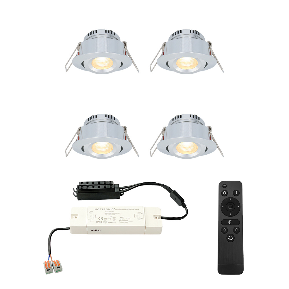 HOFTRONIC™ Sienna 4x inbouwspots veranda Dimbaar LED Complete set met afstandsbediening Kantelbaar Plug Play 12 Volt 3 watt 2700K 200 lumen IP44 RVS