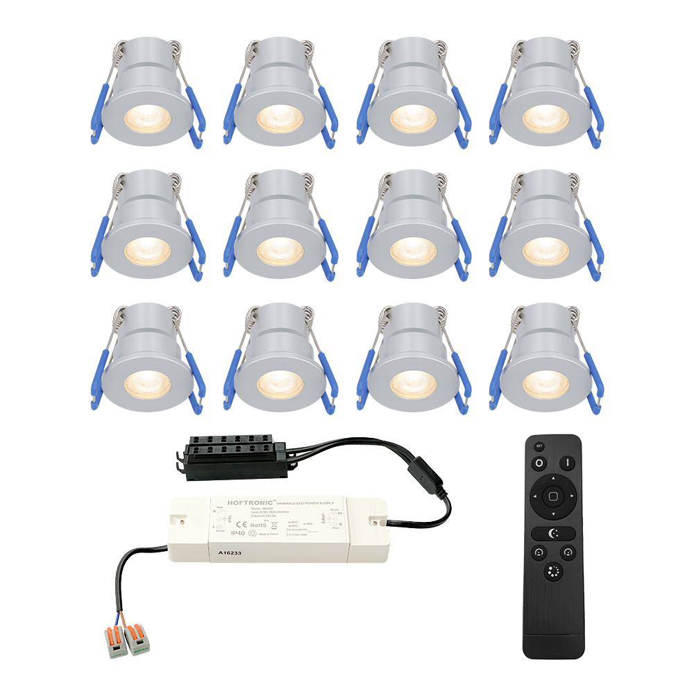 HOFTRONIC™ Milano - 12x inbouwspots veranda - Dimbaar LED - Complete set met afstandsbediening - Plug & Play - 12 Volt 3 watt - 2700K 200 lumen - IP65 waterdicht - RVS
