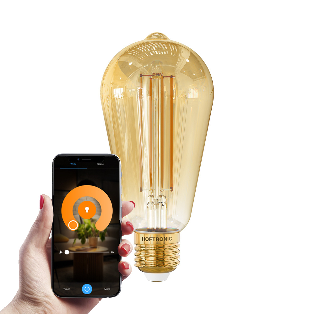 HOFTRONIC SMART Smart E27 LED Filament Lamp 7 Watt 806 lumen ST64 Amberkleurig glas 1800 3000K Dimbaar Edison lamp