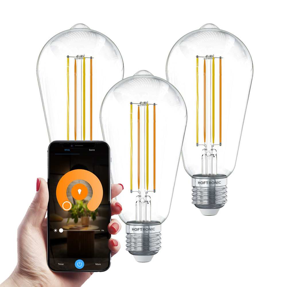 HOFTRONIC SMART Set van 3 Smart E27 LED Filament Lamp 7 Watt 806 lumen ST64 Helder 1800 3000K Dimbaar Edison lamp