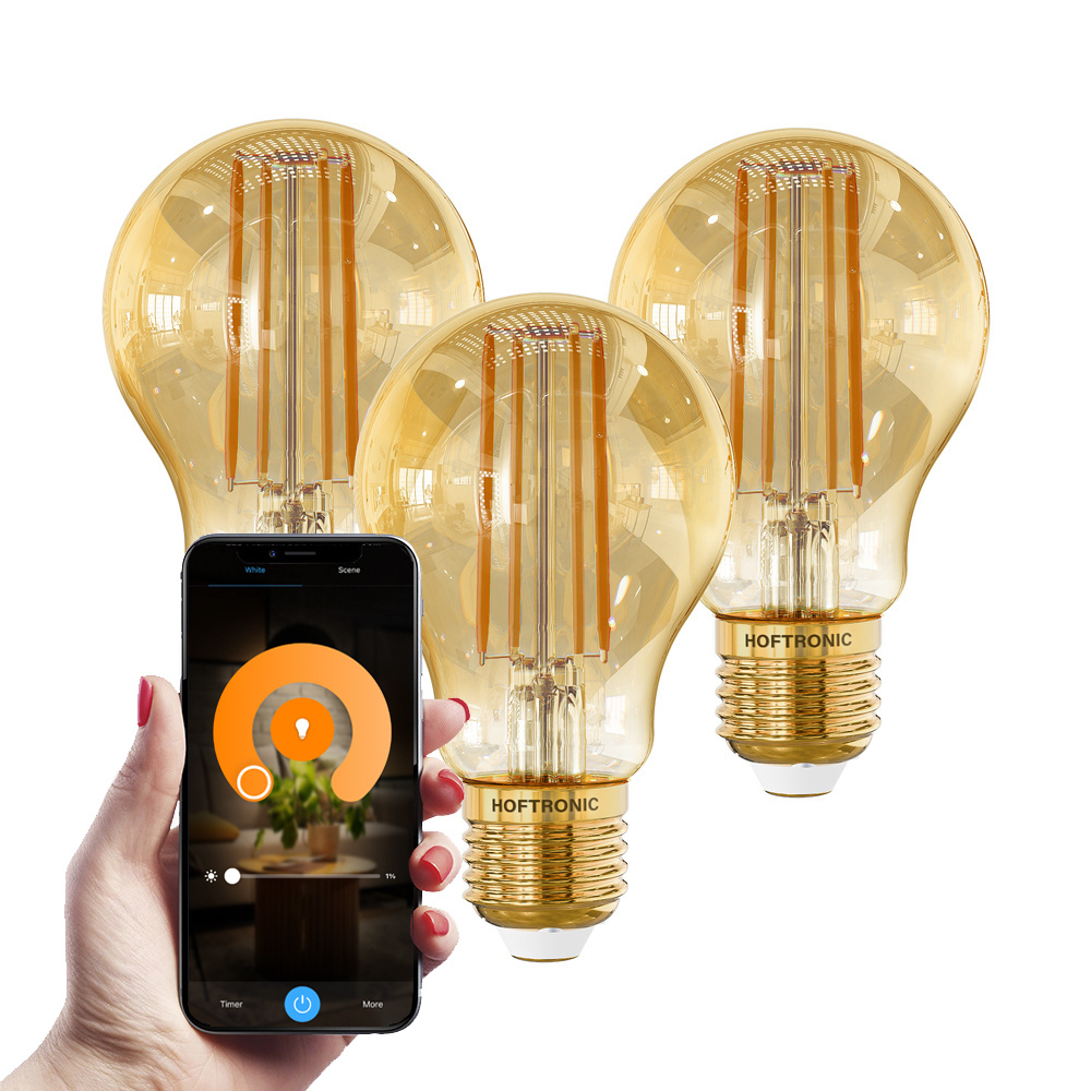HOFTRONIC SMART Set van 3 Smart E27 LED Filament Lamp 7 Watt 806 lumen A60 Amberkleurig glas 1800 3000K Dimbaar