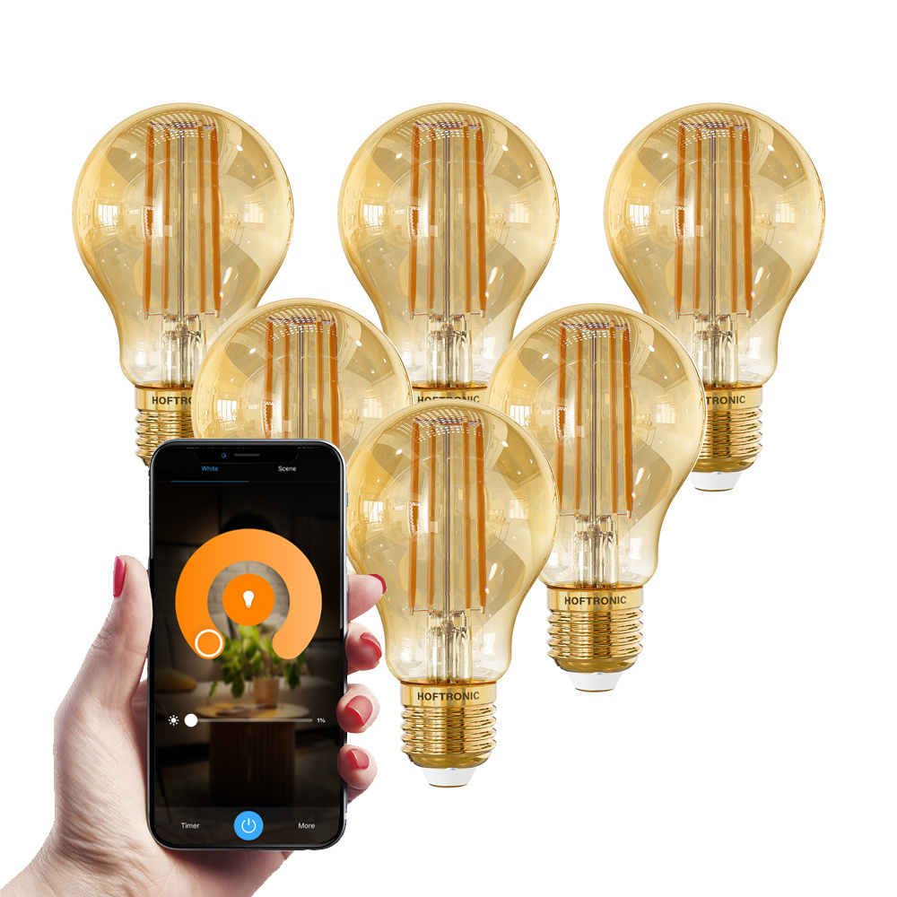 HOFTRONIC SMART Set van 6 Smart E27 LED Filament Lamp 7 Watt 806 lumen A60 Amberkleurig glas 1800 3000K Dimbaar