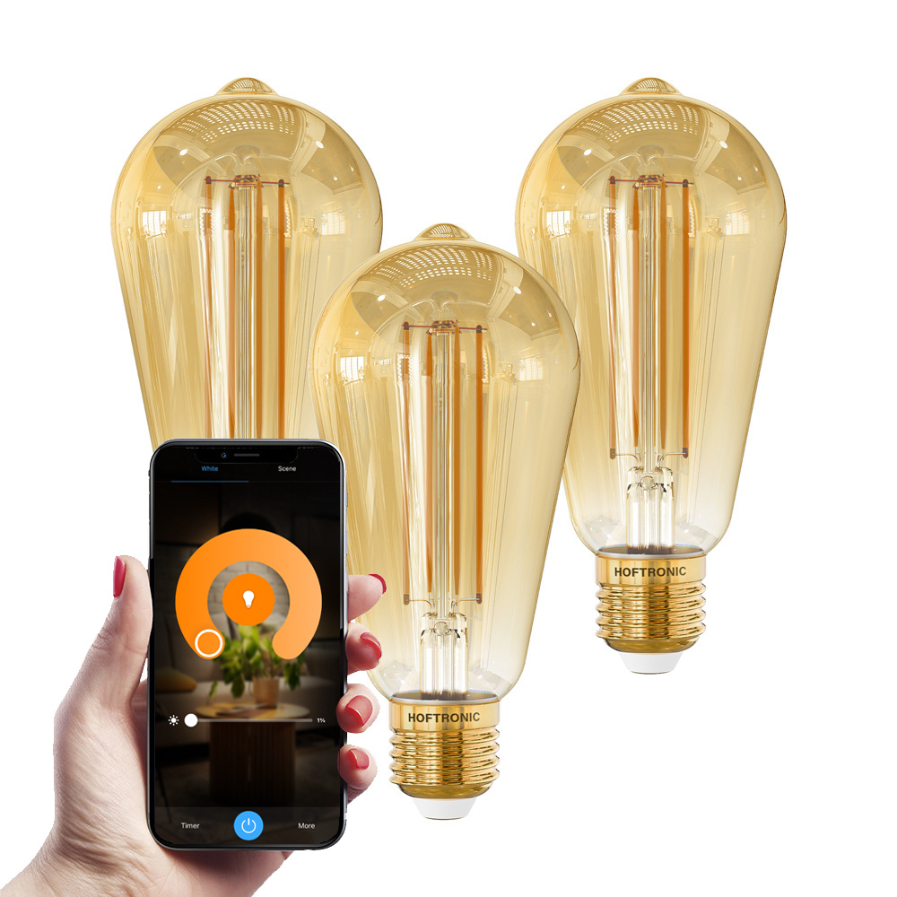 HOFTRONIC SMART Set van 3 Smart E27 LED Filament Lampen 7 Watt 806 lumen ST64 Amberkleurig glas 1800 3000K Dimbaar Edison lamp