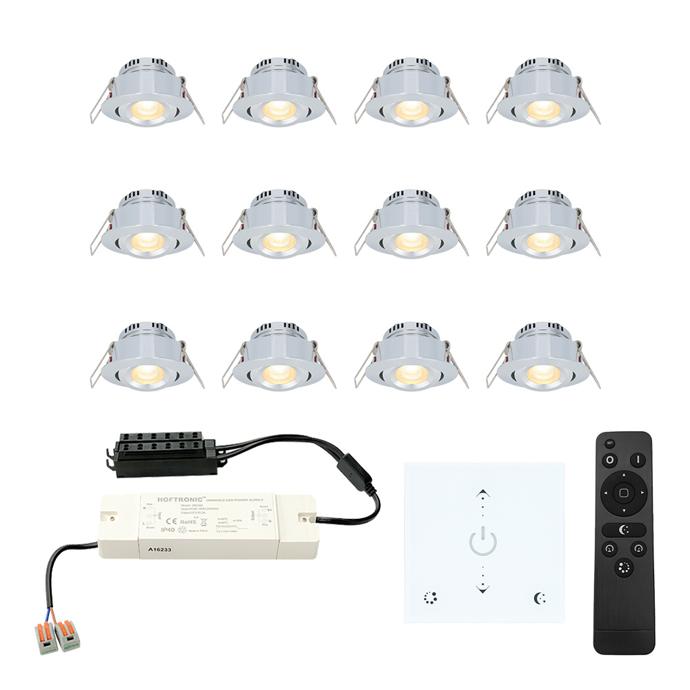 HOFTRONIC™ LED inbouwspot set Granada 12x3W dim kantelbaar IP44 vochtbestendig incl. Touch muurdimmer en afstandsbediening