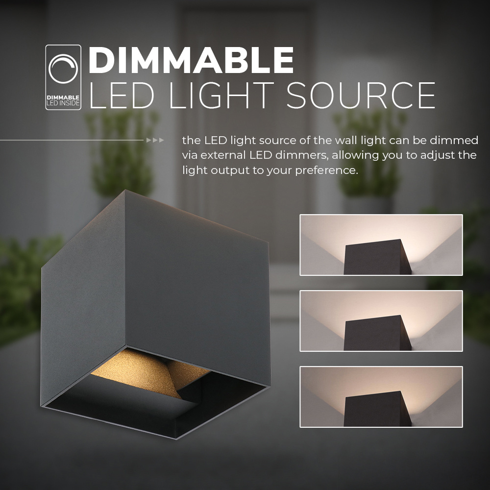 Kansas - Dimbare LED wandlamp kubus - 7 Watt - 3000K warm wit - Up & Down light - IP65 waterdicht - Zwart - Wandverlichting voor binnen en buiten voo