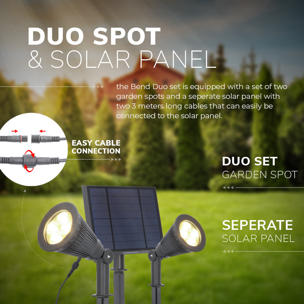 Solar LED Tuinspot Bend Duo met los zonnepaneel 3000K warm wit Prikspot - Tuin spots, spots bodem buiten