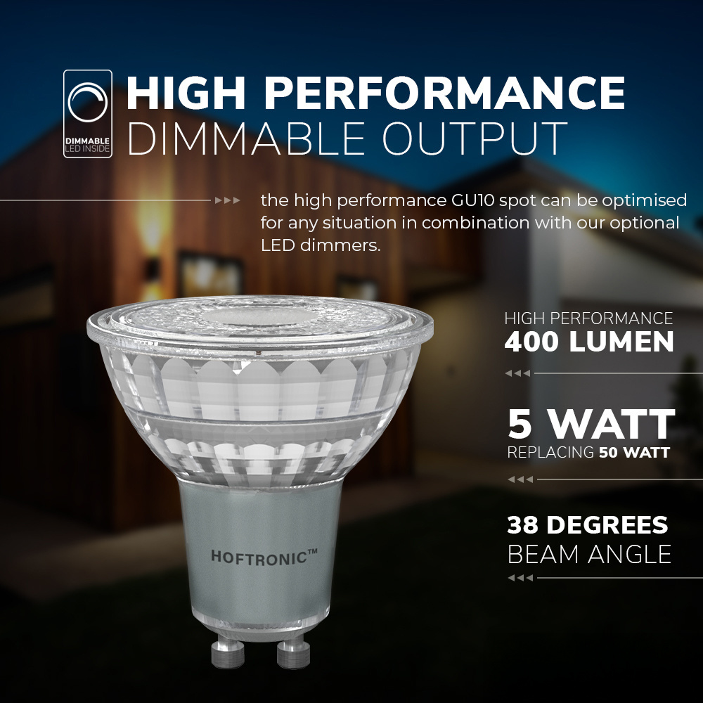 Set van 10 GU10 LED spots 5 Watt Dimbaar 4000K neutraal wit (vervangt 50W)