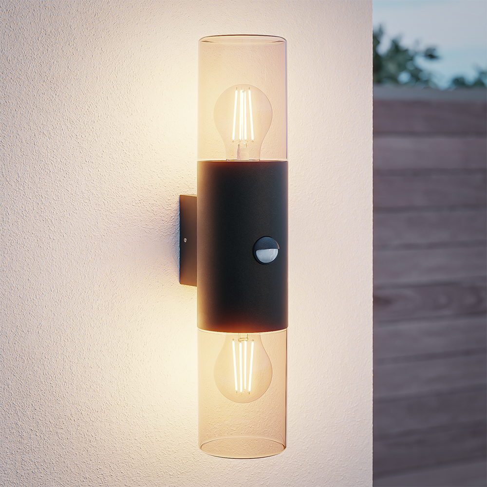 Blaze PIR LED wandlamp smoked glas - Schemer- en bewegingssensor - ex. E27 lichtbronnen - max. 15 Watt - Up & Down light - Muurlamp - Muurverlichting