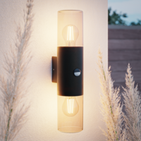 Blaze PIR LED wandlamp smoked glas - Schemer- en bewegingssensor - ex. E27 lichtbronnen - max. 15 Watt - Up & Down light - Muurlamp - Muurverlichting - IP44 voor binnen en buiten – Zwart