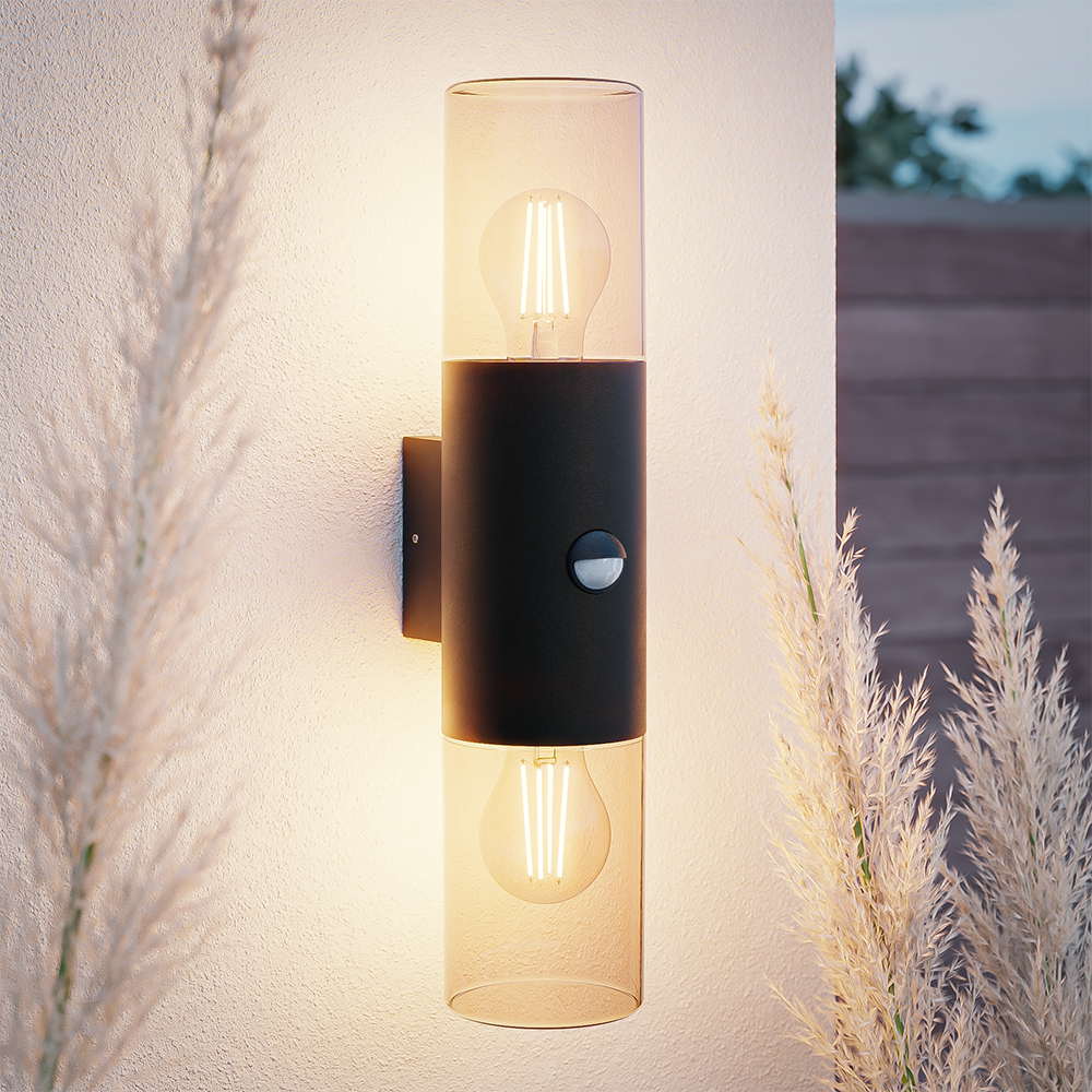 Blaze PIR LED wandlamp smoked glas - Schemer- en bewegingssensor - ex. E27 lichtbronnen - max. 15 Watt - Up & Down light - Muurlamp - Muurverlichting