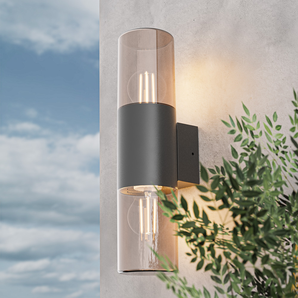 Blaze LED wandlamp smoked glas - ex. E27 lichtbronnen - max. 15 Watt - Up & Down light - Muurlamp - Muurverlichting - IP44 voor binnen en buiten - Zwa