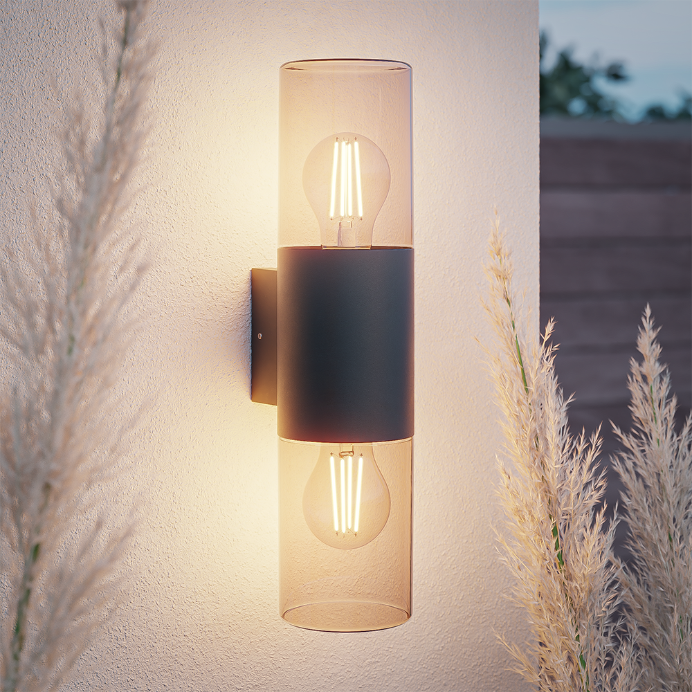 Blaze LED wandlamp smoked glas - ex. E27 lichtbronnen - max. 15 Watt - Up & Down light - Muurlamp - Muurverlichting - IP44 voor binnen en buiten - Zwa