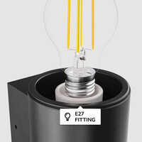 Blaze PIR LED wandlamp smoked glas - Schemer- en bewegingssensor - ex. E27 lichtbronnen - max. 15 Watt - Up Light - Muurlamp - Muurverlichting - IP44 voor binnen en buiten – Zwart