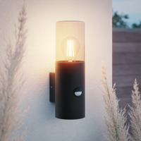 Blaze PIR LED wandlamp smoked glas - Schemer- en bewegingssensor - ex. E27 lichtbronnen - max. 15 Watt - Up Light - Muurlamp - Muurverlichting - IP44 voor binnen en buiten – Zwart