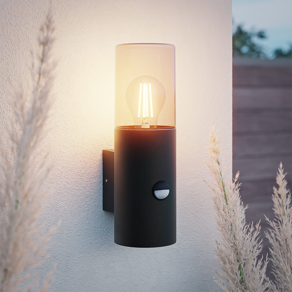Blaze PIR LED wandlamp smoked glas - Schemer- en bewegingssensor - ex. E27 lichtbronnen - max. 15 Watt - Up Light - Muurlamp - Muurverlichting - IP44